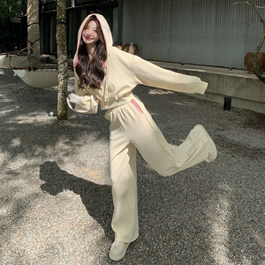 盐系穿搭撞色休闲卫衣套装女春秋2025新款连帽上衣配阔腿裤两件套图片