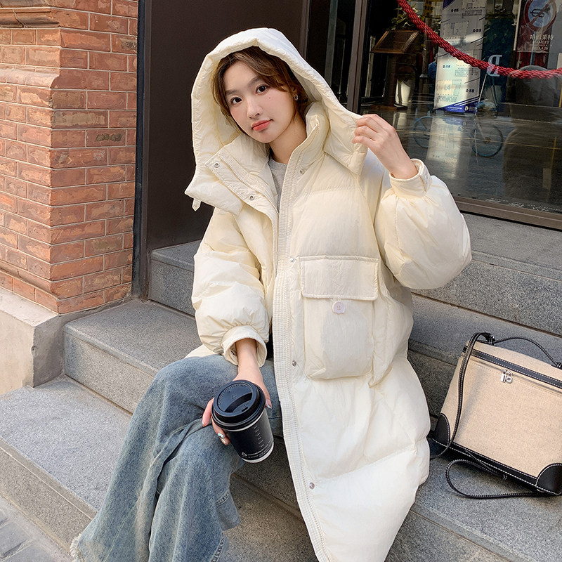 韩版中长款过膝连帽羽绒服女2025冬季新款加厚显瘦保暖白鸭绒外套,女装羽绒服,浙宝287