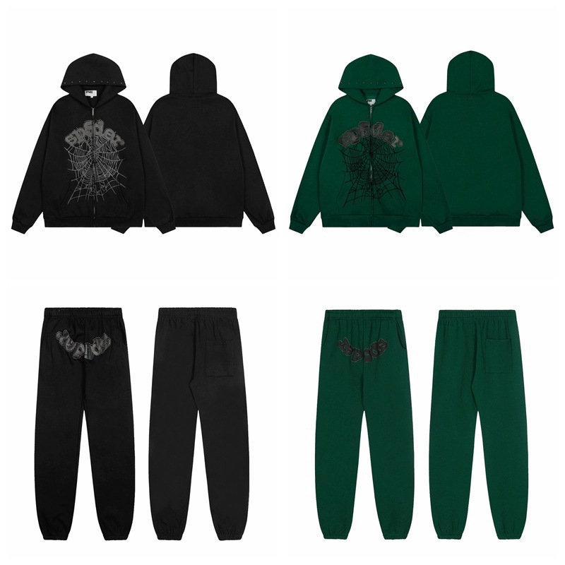 高街蜘蛛网铆钉加绒卫裤套装