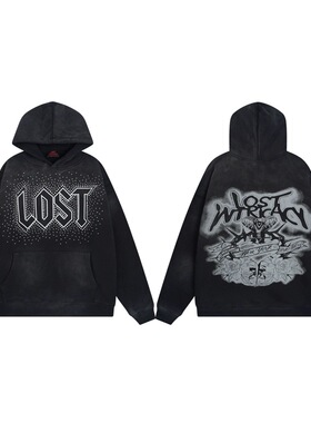 Lost intricacy美潮经典高街潮流宽松休闲烫钻字母印花连帽卫衣