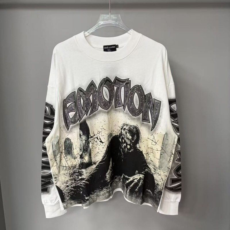 MIXED EMOTION美潮街头复古骷髅印花烫钻字母男女宽松打底T恤长袖