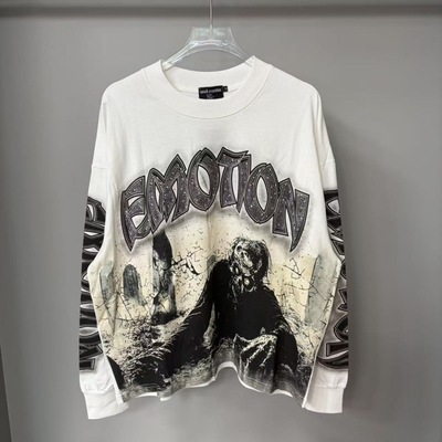 MIXED EMOTION美潮街头复古骷髅印花烫钻字母男女宽松打底T恤长袖