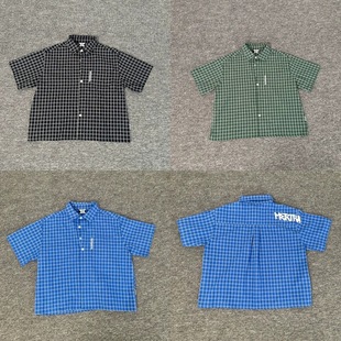 新款Mertra刺绣字母印花格子衬衣男复古拼接休闲宽松翻领短袖衬衫