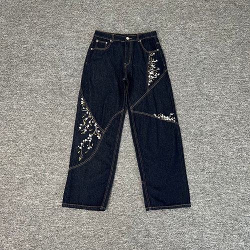美潮街头花卉刺绣拼接牛仔长裤