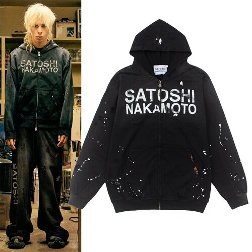 SATOSHI NAKAMOTO泼墨复古字母印花手工割烂水洗开衫拉链连帽外套