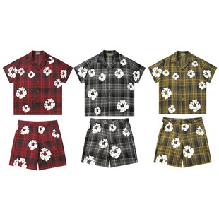 DENIM TEARS新款木棉花印花美潮格子休闲短袖衬衫潮流短裤套装ins