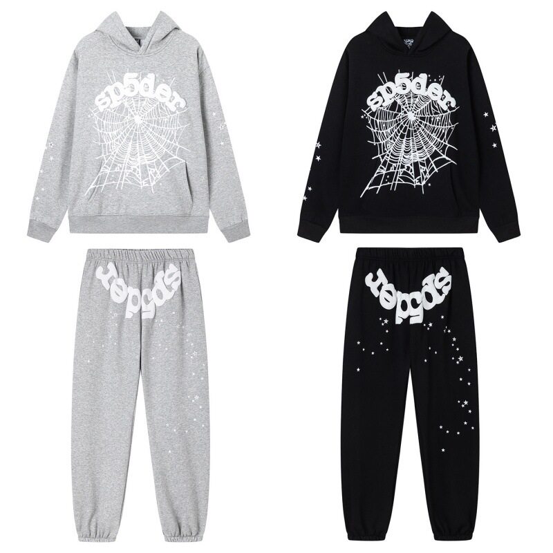 美潮蜘蛛网字母加绒连帽卫衣套装