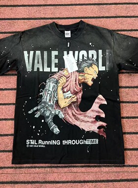 VALE日系动漫印花上衣男女情侣T恤装宽松做旧复古潮牌圆领短袖