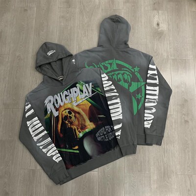 Roughplay美式嘻哈风烫钻骷髅印花男女连帽卫衣宽松做旧休闲外套