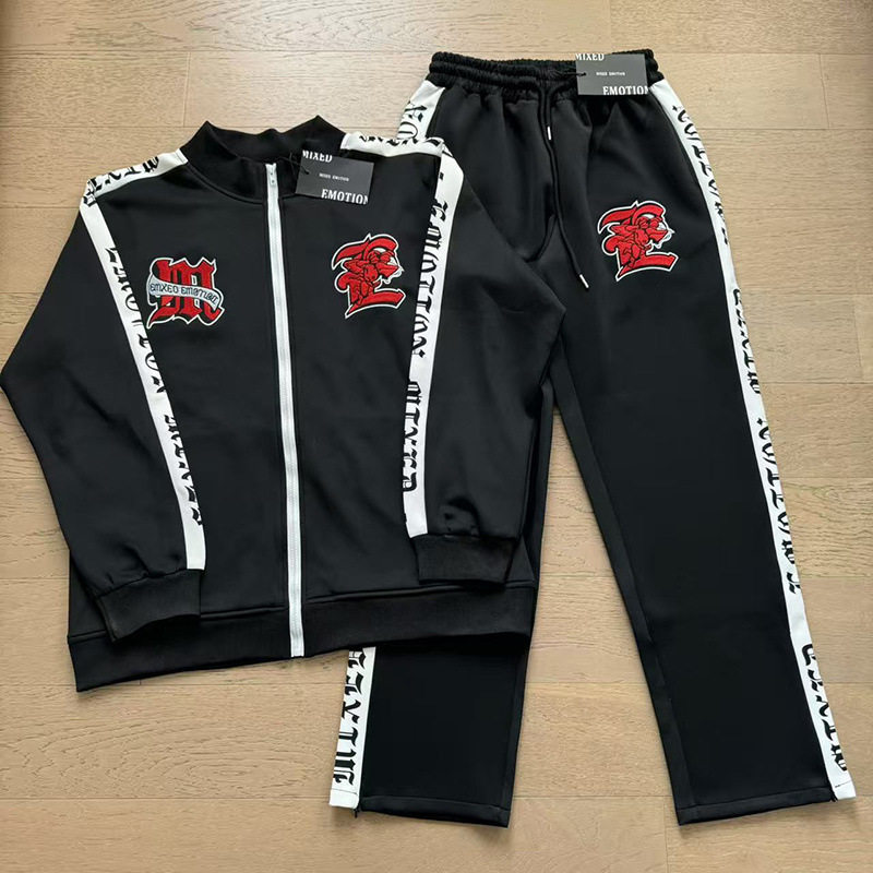 复古刺绣拉链外套直筒裤套装