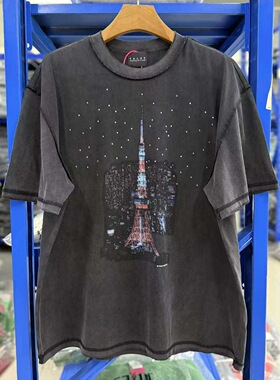 False Perception东京铁塔星空印花T恤烫钻水洗做旧反缝短袖
