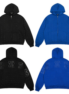 6PM小众运动潮牌满印烫钻字母连帽卫衣380G棉宽松休闲拉链外套