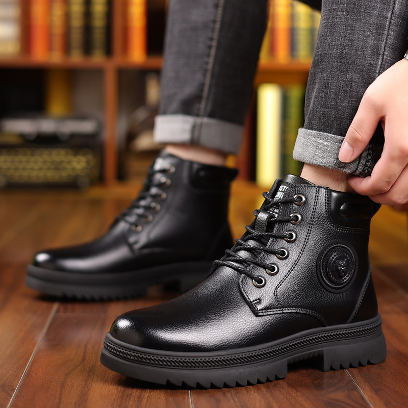 MARTIN BOOTS MENS HIGH-TOP LEATHER SHOES LEATHER WOOL WINTER WATERPROOF SNOW BOOTS NORTHEAST LARGE COTTON SHOES VELVET WARM AND THICKENED