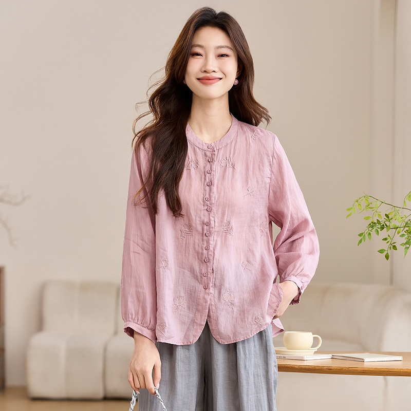 刺绣苎麻长袖衬衫女2025春夏季新款文艺高级感轻奢棉麻防晒衣上衣
