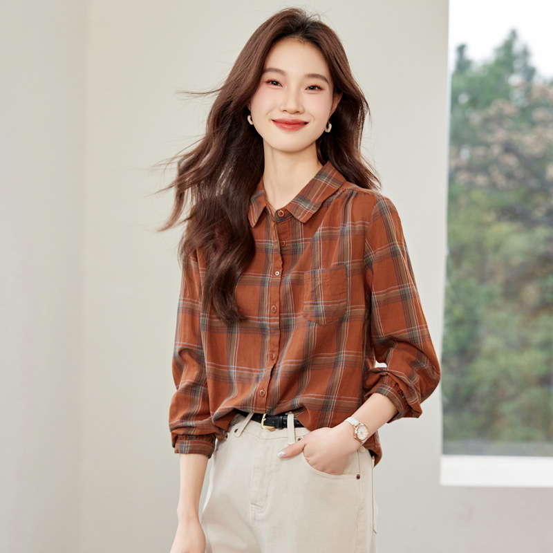 欧货格子纯棉长袖衬衫女2025春爆款通勤高级感休闲气质超好看上衣