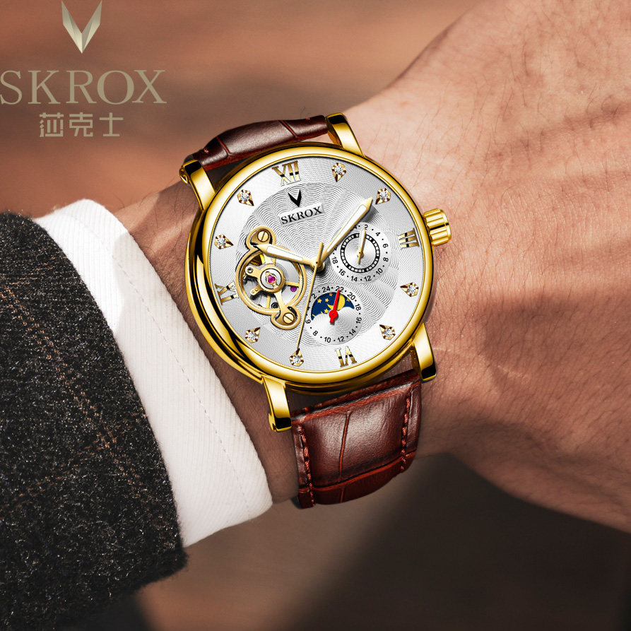 真陀飞轮日月星辰镂空多功能全自动机械表真皮带扣正品牌男士手表