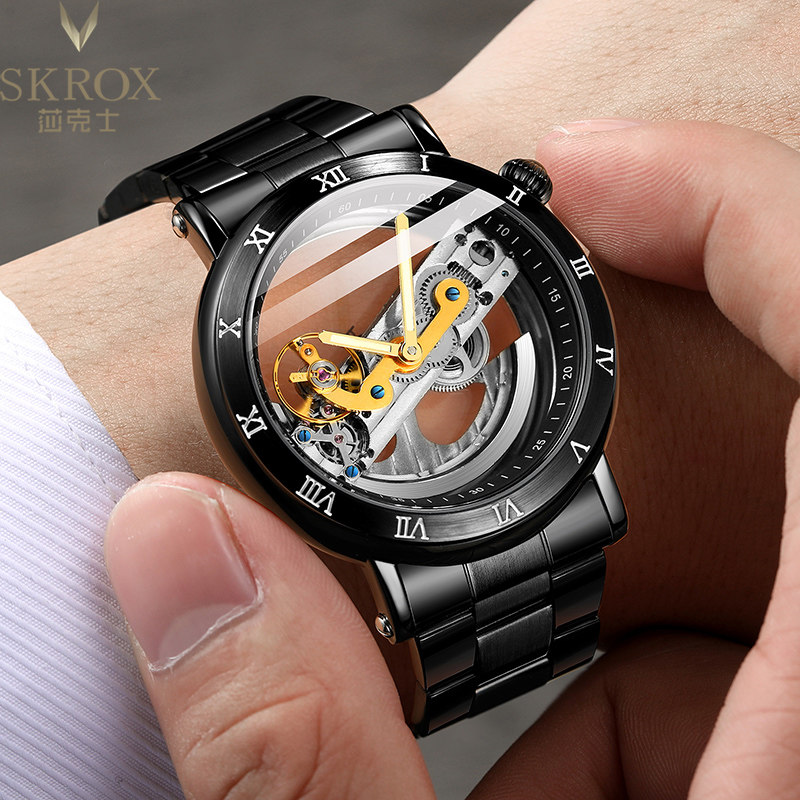 官方新款黑科技概念陀飞轮全自动机械表男手全透明双镂空防水腕表