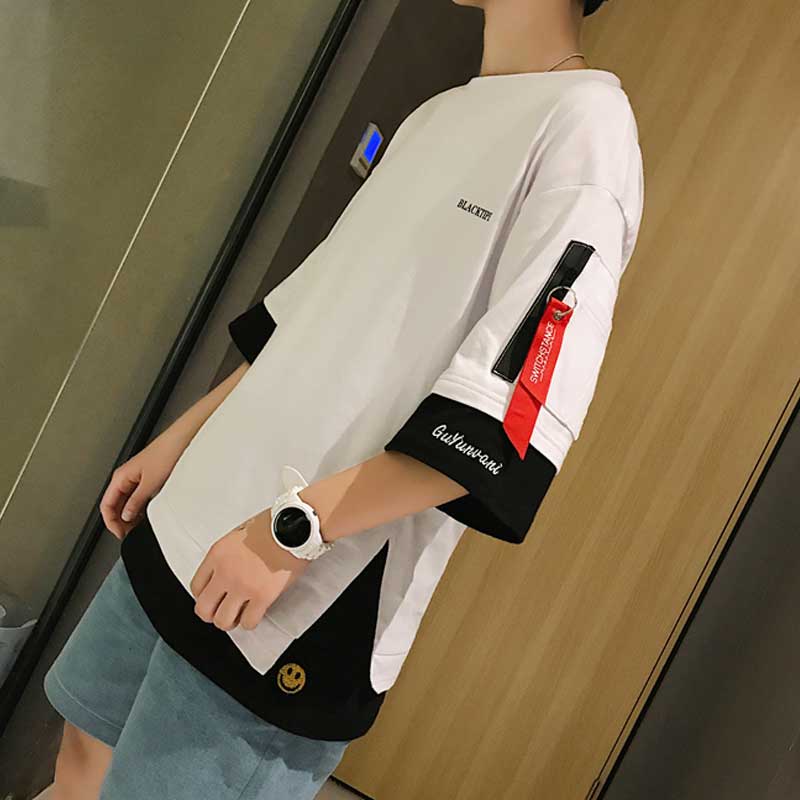 男士短袖T恤夏季韩版秋季潮牌夏装男装宽松7七分袖秋衣潮半袖衣服