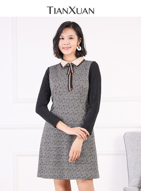 天轩商场同款秋冬新款港风POLO领撞色拼接连衣裙A字打底裙TFDD236
