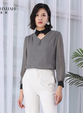 天轩商场同款春秋新款女士长袖衬衫时尚洋气V领通勤百搭TGCG003