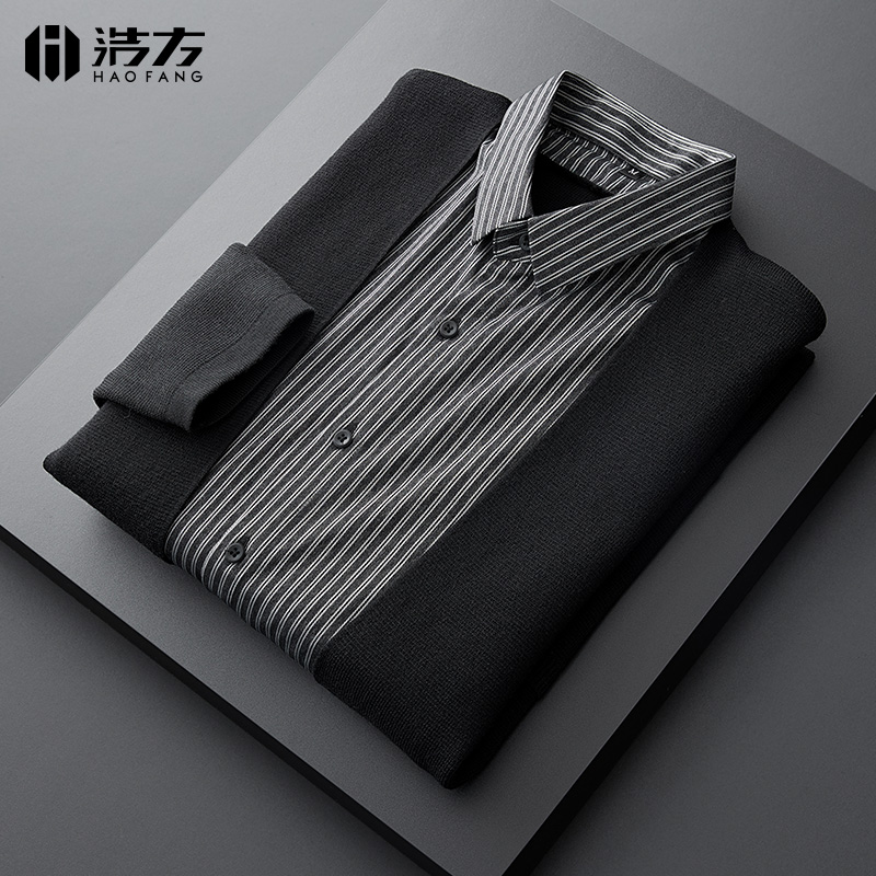 清仓帅气个性潮流男士毛衣秋季外套修身条纹内衬假两件男针织开衫