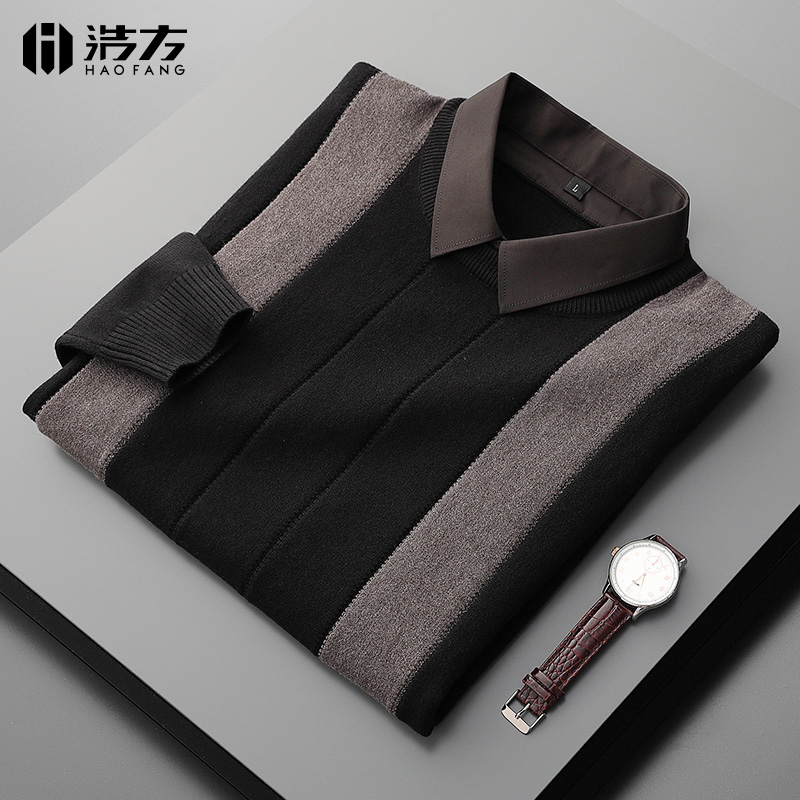 秋冬衬衫领拼接假两件针织衫男商务修身毛衣男外穿上衣毛线衫外套