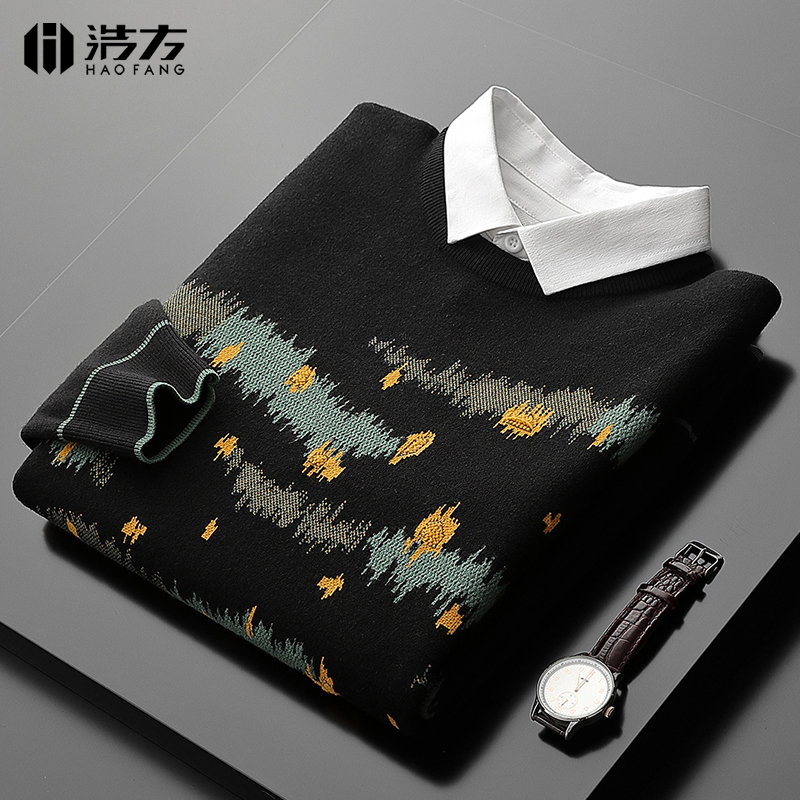 清仓衬衫领毛衣男假两件韩版修身秋季休闲印花带领针织衫外套上衣