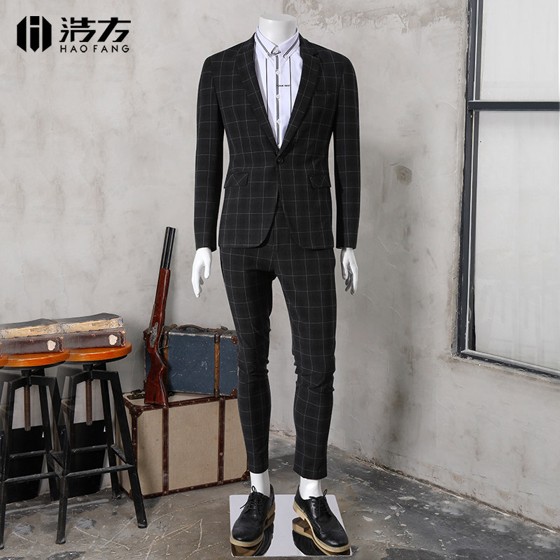 NEW BRITISH MENS FASHION PLAID SUIT TWO PIECE SUIT YOUNG MEN SLIM KOREAN VERSION SMALL SUIT CASUAL JACKET
