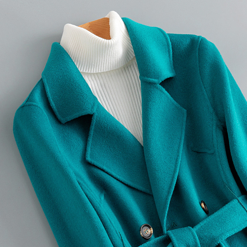 孔雀蓝双面羊绒大衣女2019年秋冬新款中长款高端流行修身毛呢外套