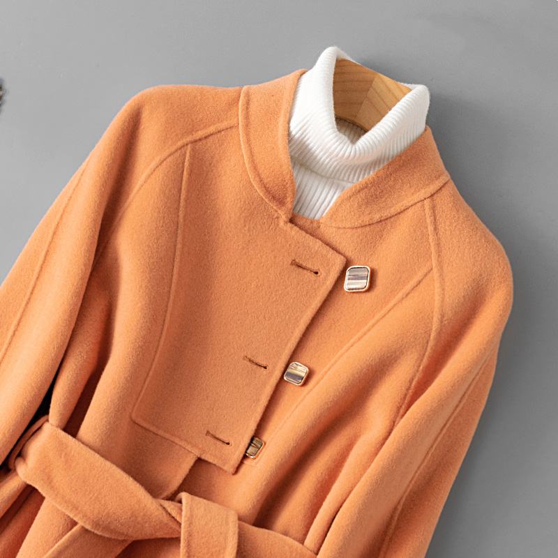 橘色双面羊绒大衣女2020春季新款流行小个子显高修身短款毛呢外套