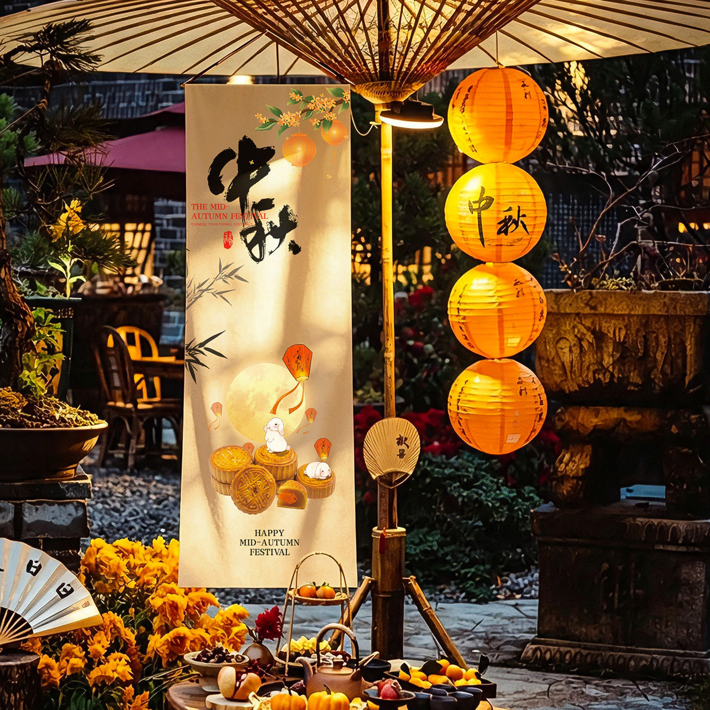 中秋节场景布置氛围主题装饰品户外打卡背景灯笼挂布店铺拍照道具