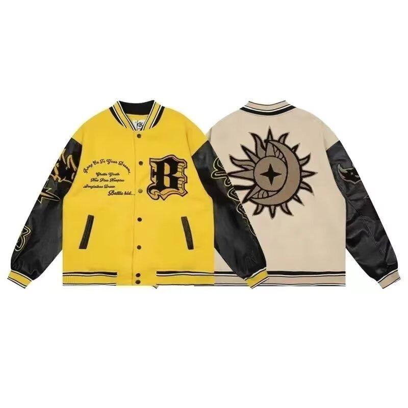 美式街头火焰刺绣撞色夹克男2024春秋新款复古国潮嘻哈棒球服外套
