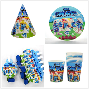 卡通二次元蓝精灵派对头饰纸杯子纸盘子餐具套装