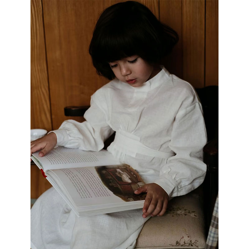 thetree 树 法式古董连衣裙女童春季复古亚麻长裙简洁立领长袖裙