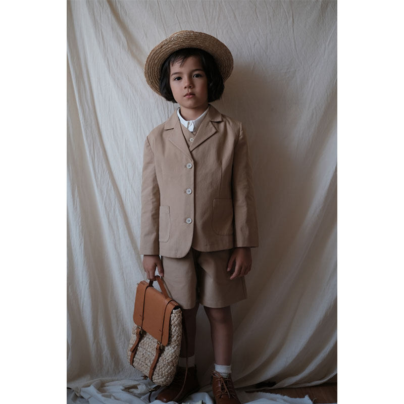 the tree树 法式套装儿童纯棉翻领西装外套+马甲+短裤三件套春秋