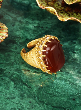 中古vintage饰品镶嵌红玛瑙戒指女时尚百搭简约复古轻奢红色手饰