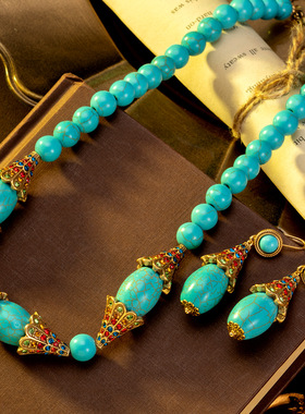 中古vintage波西米亚风串珠项链蓝色镶嵌民族风轻奢首饰锁骨链