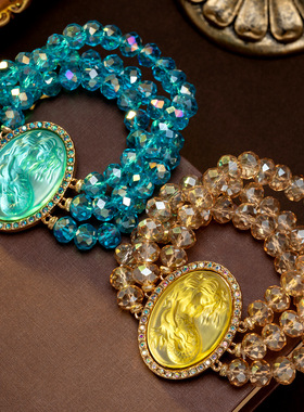 中古vintage手链弹力串珠手链玻璃猫眼石休闲度假风美人鱼手链女