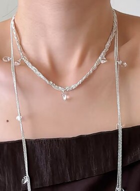极简风银色项链素链水滴流苏长款女轻奢感气质时尚小众颈链首饰