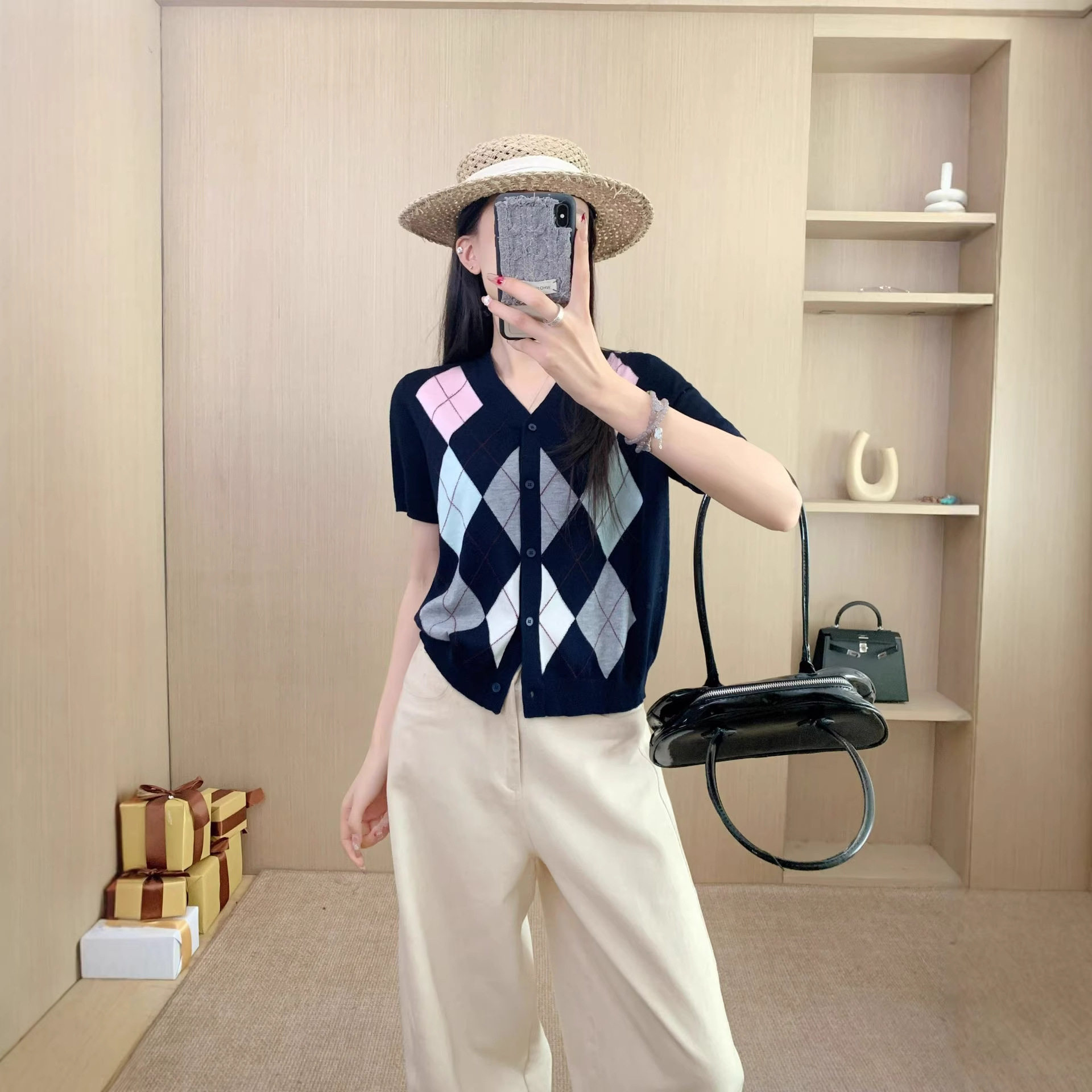 夏季桑蚕丝短袖V领显瘦开衫女