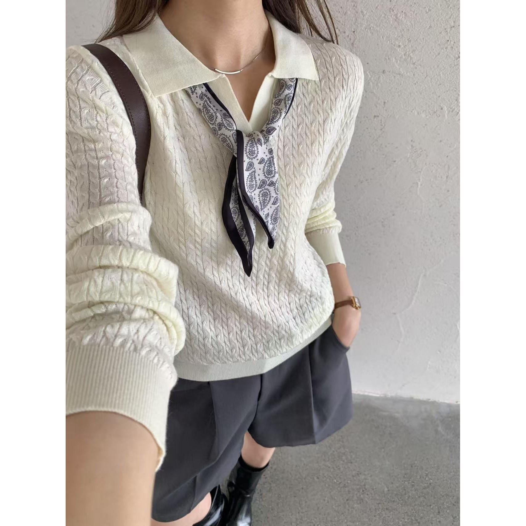 小香风V领桑蚕丝绵羊毛衫女款