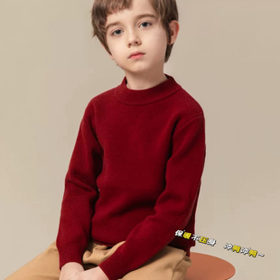 新年喜庆红色儿童100%羊毛衫秋冬圆领男童针织中大童女孩保暖毛衣
