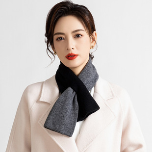 100%纯羊毛交叉小围巾护颈保暖冬季氛围感女士百搭穿孔围脖撞色