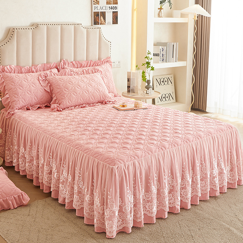 韩版纯色夹棉加厚床裙式单件荷叶边床罩1.5m1.8米席梦思床套防滑