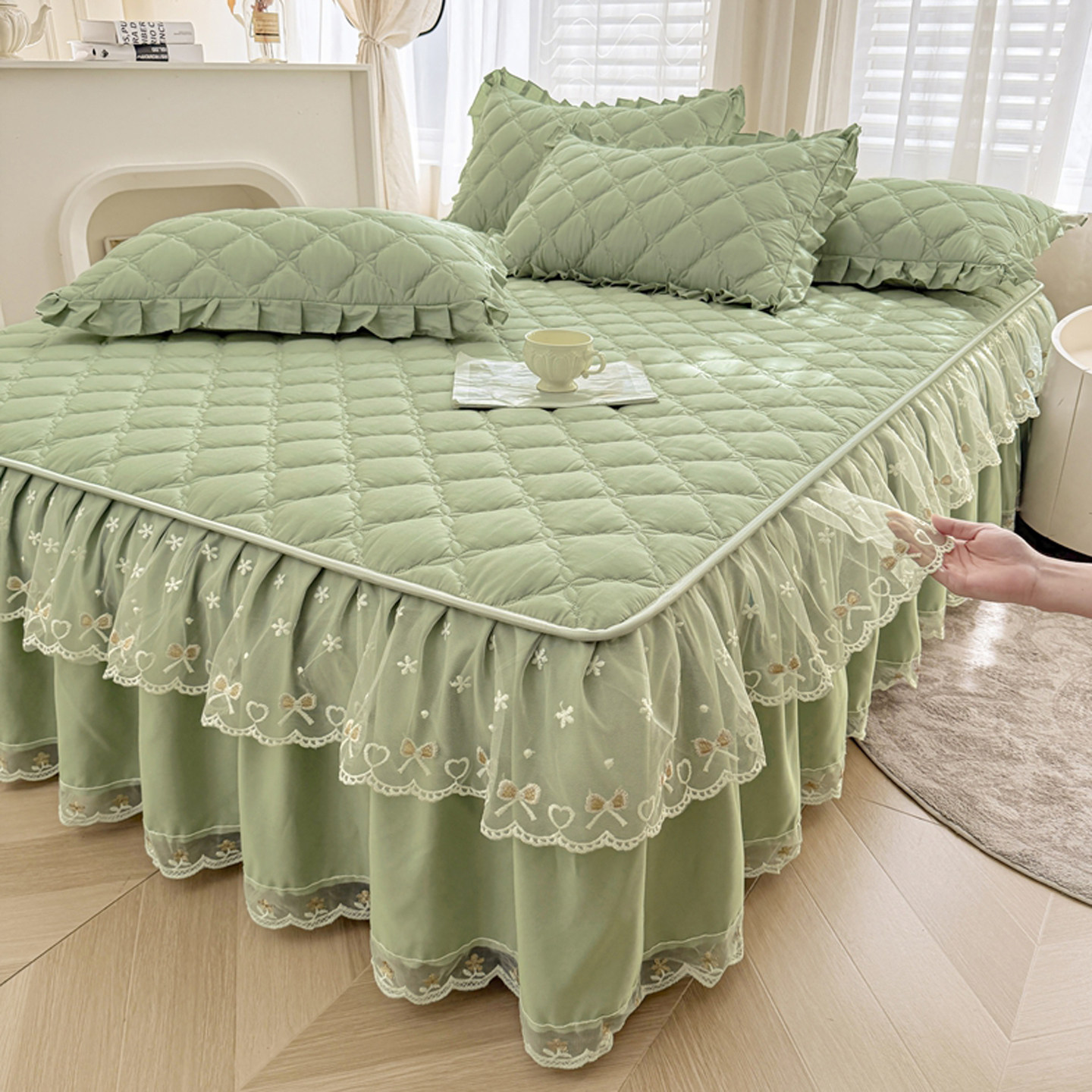 全棉夹棉床裙床罩单件纯棉公主风蕾丝花边1.5m1.8米床套四季通用
