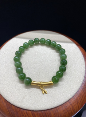 新疆直发包邮天然和田玉碧玉手链女款圆珠单圈手串带证书