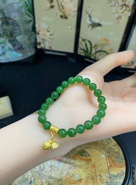 新疆直发和田碧玉女款圆珠单圈手串两世欢手链8国风新中式带证书