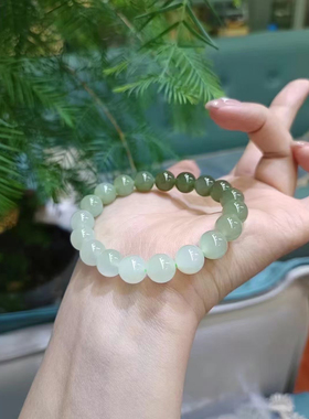 新疆直发包邮和田玉白玉湖水绿渐变色手链女款单圈圆珠手串带证书