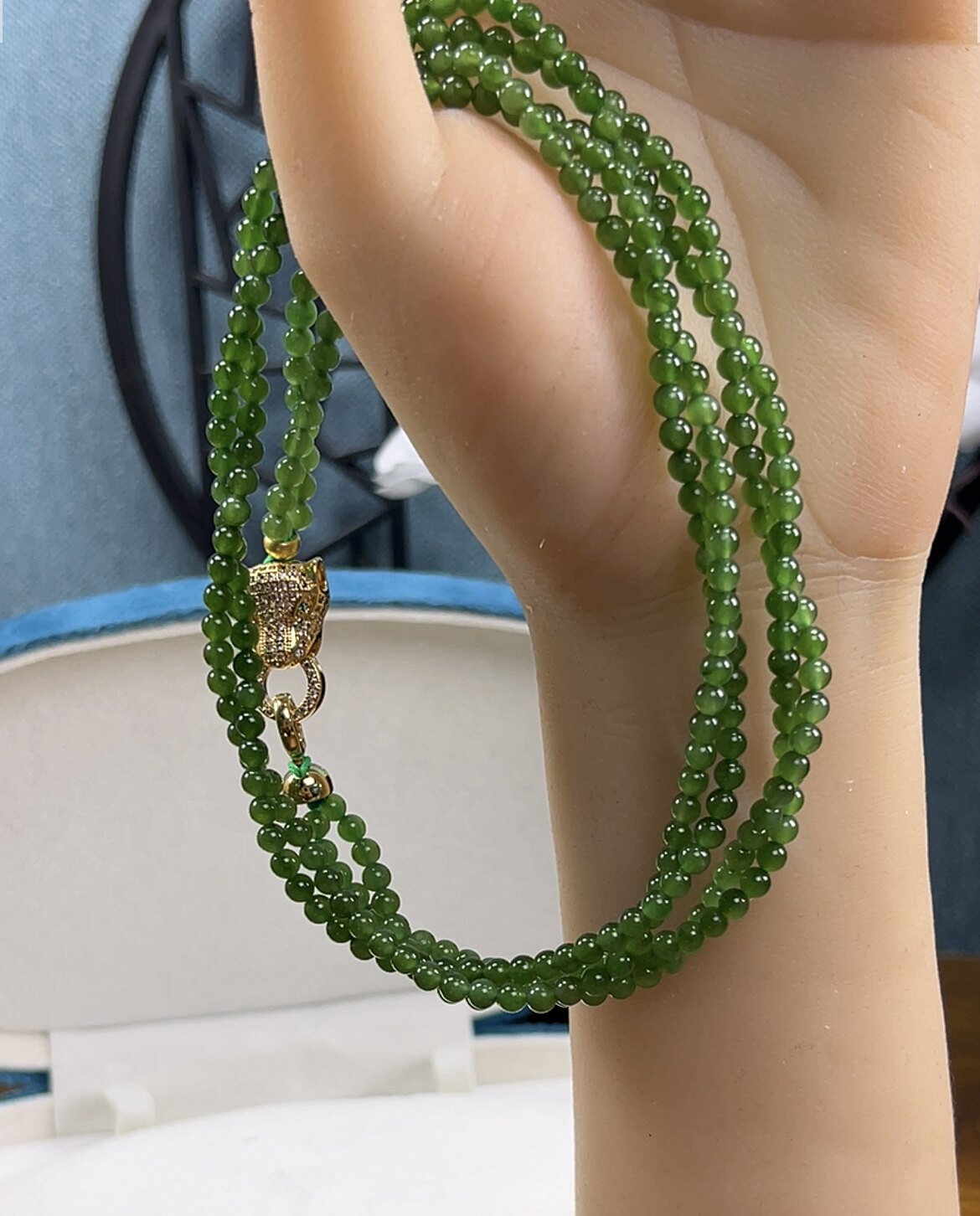 新疆直发正品和田玉碧玉项链俄料天然玉石毛衣链小米珠麻花链