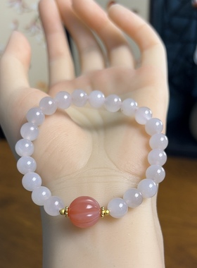 新疆直发正品和田玉藕粉手链天然玉石老料手串女款单圈珠子带证书